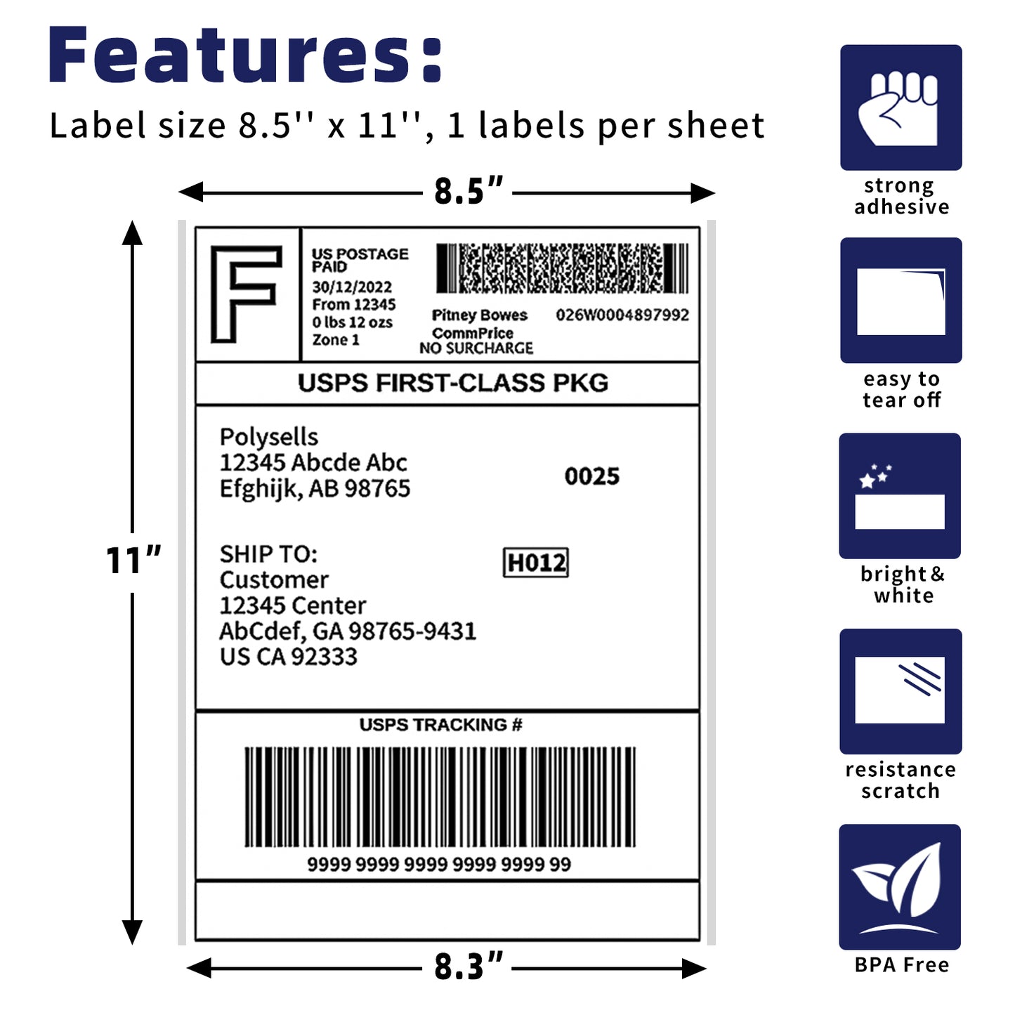 Self Adhesive Address Shipping Labels, 8.5" x 11"