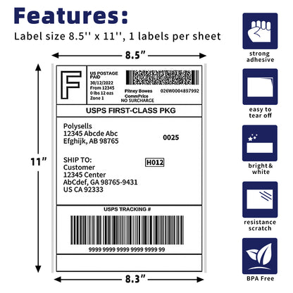 Self Adhesive Address Shipping Labels, 8.5" x 11"