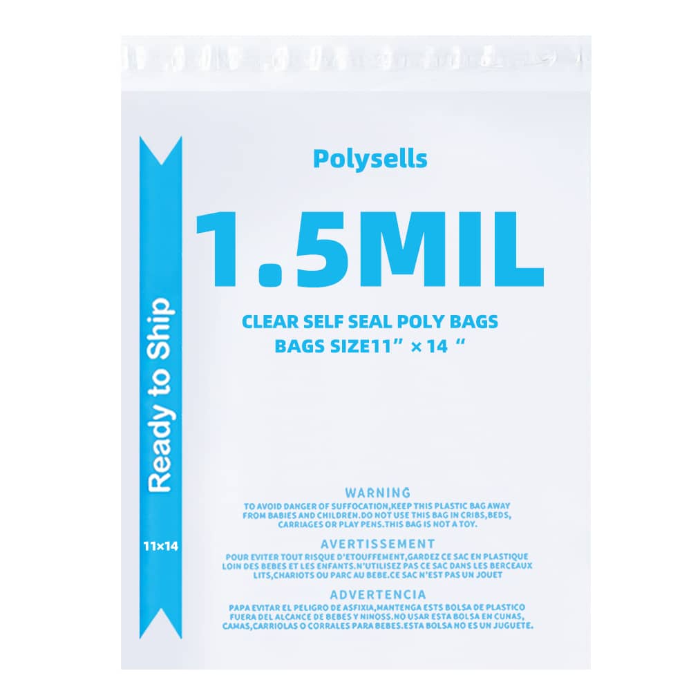 Strong Self Seal Clear Poly Bags with Suffocation Warning, 11"x14"