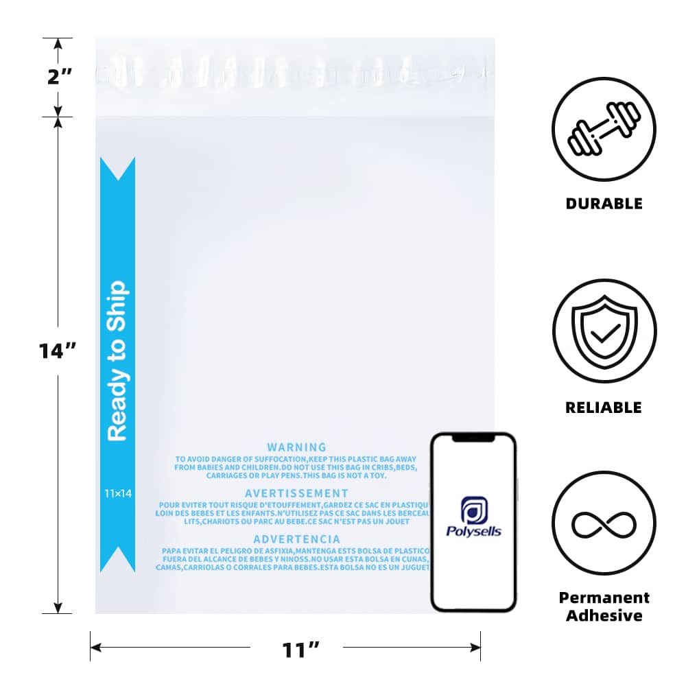 Strong Self Seal Clear Poly Bags with Suffocation Warning, 11"x14"